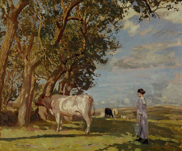 Summer Mornings, A Milk Maid and Cattle, 1919 (oil on canvas)
