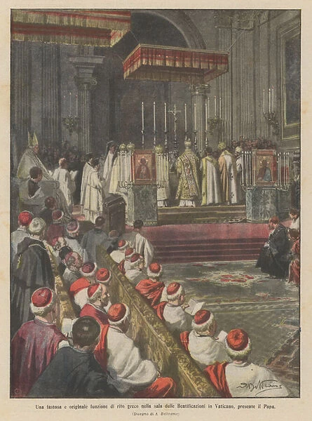 A sumptuous and original function of the Greek rite in the Hall of Beatifications in the Vatican, with the Pope present (colour litho)