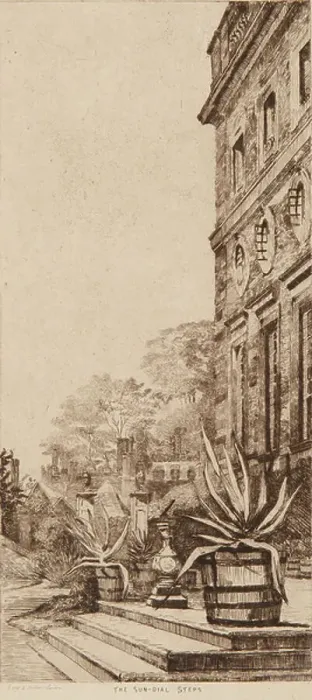 Framed Print : The Sun-Dial Steps (etching)