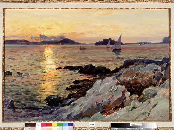 Sun setting on Frioul Painting by Jean Baptiste Olive (1848-1936) 20th century Dim. 50x73 cm Mandatory mention: Collection foundation regards of Provence, Marseille