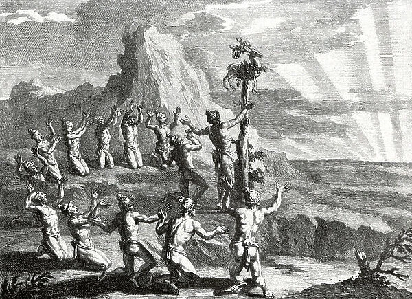 Sun Worship by native indians of North America, 1723 (engraving)