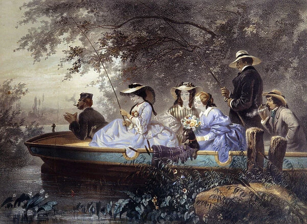 A Sunday with the family, fishing in the river Lithography by Eugene Guerard (1821-1866