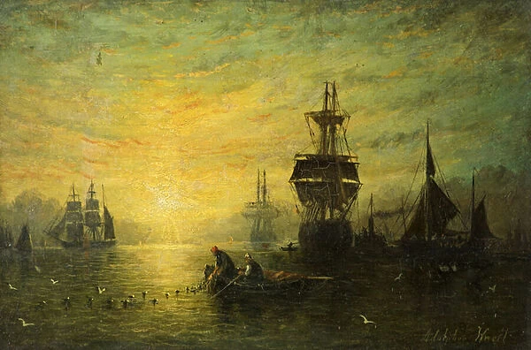 Sunset with Boats, 1875 (oil on panel)