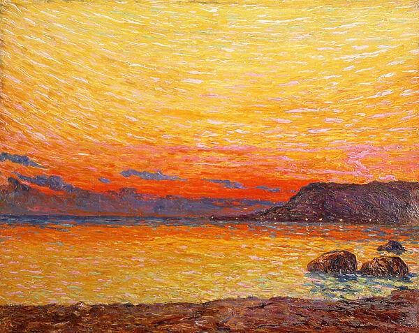 Sunset on coast (oil on panel)