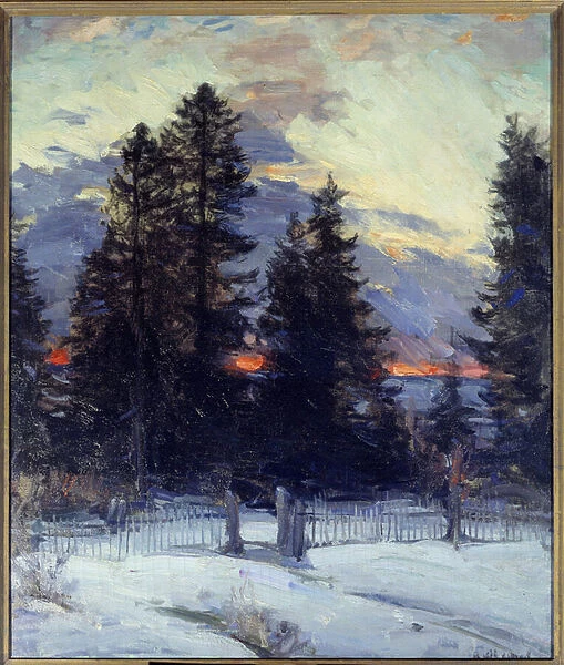 Sunset on winter landscape. Painting by Abram Arkhipov (1862 - 1930) Ec. Rus. 1902