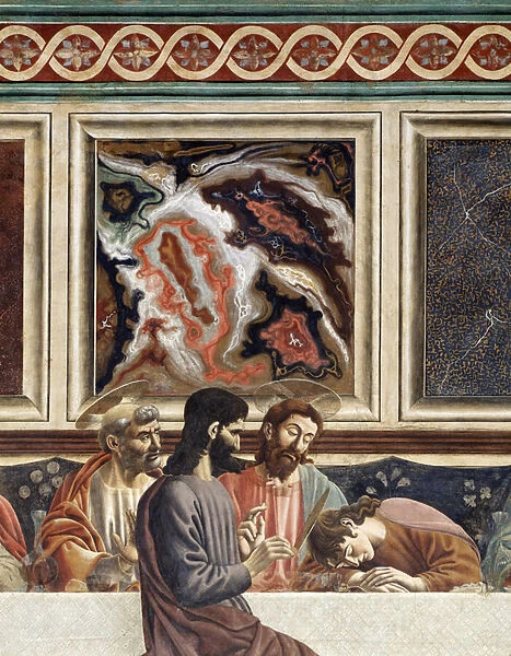 Last supper, detail of Peter, Jesus and John asleep, with Judas (Fresco, 1445-1450)