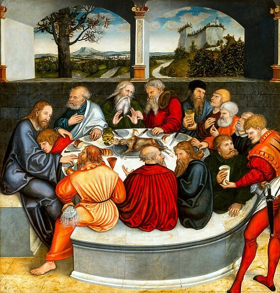 The Last Supper (with Luther amongst the Apostles). Reformation altarpiece par Cranach