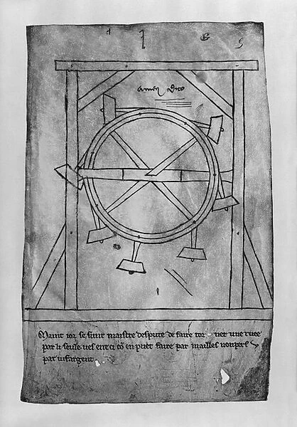 Supposedly perpetual motion mallets and wheel (facsimile copy) (pen & ink on paper