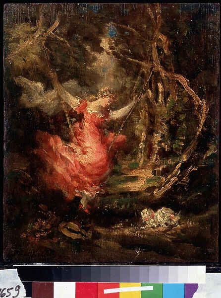 'Sur la balancoire'(On the swing) Peinture d Adolphe-Thomas-Joseph (Adolphe Thomas Joseph) Monticelli (1824-1886). Huile sur bois. Musee Pouchkine, Moscou