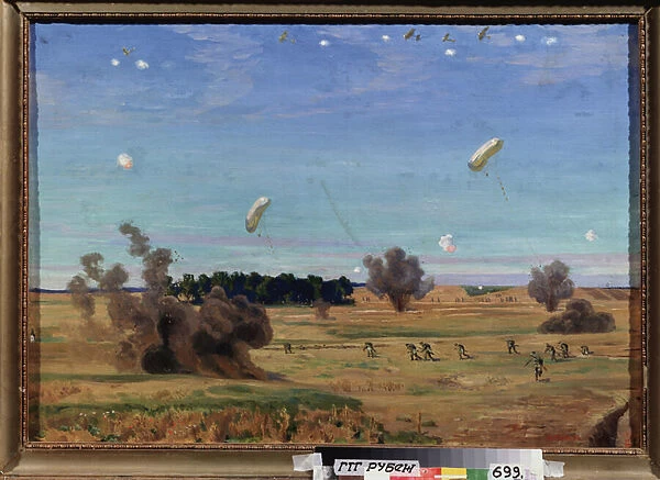 Sur le champ de bataille. (Premiere guerre mondiale, 1914-1918, des soldats russes courent a travers un champ, afin de rejoindre la ligne de front, sous les explosions des bombardements aeriens)
