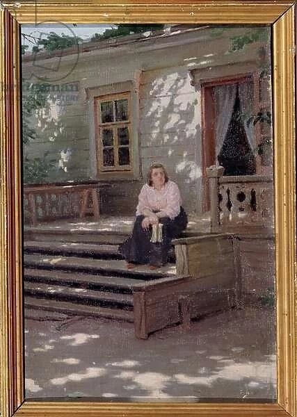 Sur le perron (At the Porch). Une femme seule assise sur des escaliers devant une maison et qui semble attendre quelqu un. Peinture de Jakov Jakovlevich Kalinichenko (1869-1938), huile sur toile, 1900. Art russe fin 19e debut 20e siecle