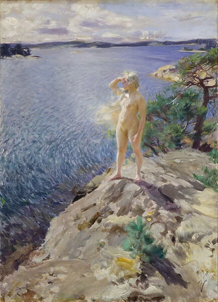 'Sur les rochers'Jeune femme nue scrutant l horizon sur un bord de mer - Peinture de Anders Leonard Zorn (1860-1920) 1894 National museum of art Oslo Norvege
