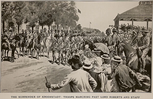 The surrender of Kroonstadt: Troops marching past Lord Roberts and staff