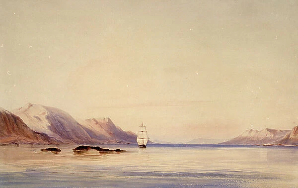 The survey ship HMS Beagle in Beagle Channel, Tierra del Fuego, 1878 (watercolour)
