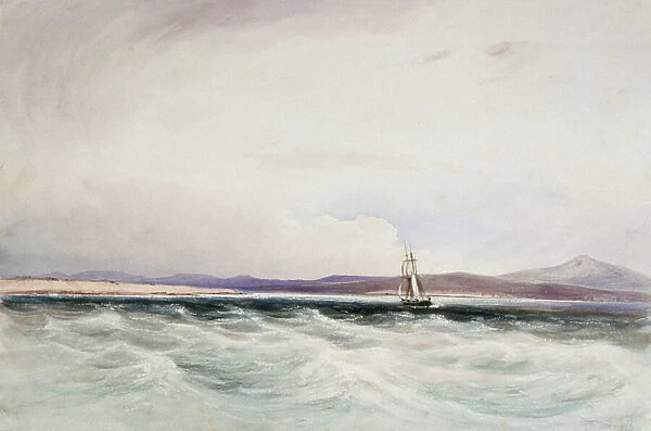 The survey ship HMS Beagle running into Berkeley Sound, Falkland Islands, 1878 (watercolour)