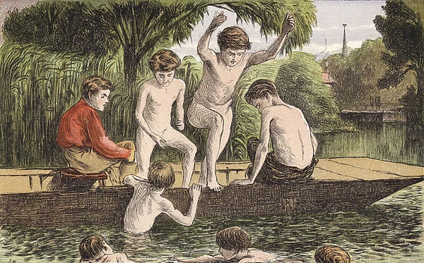 Swimming (coloured engraving)