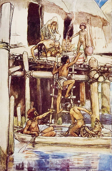 Swiss Lake Dwellings in the Neolithic Age, illustration from The Outline of History'by H. G. Wells, Volume I, published in 1920 (colour litho)