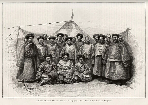 The ta lama, the ta amban and the other chiefs from Lhasa (Tibet, China). Engraving by A. Paris, to illustrate the story 'From Paris to Tonkin, through unknown Tibet'by Gabriel Bonvalot (1853-1933), in 1889-1890, in Le tour du monde