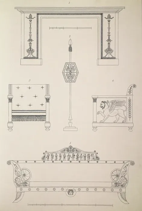 Framed Print : Table, armchairs and sofa, illustration taken from Household Furniture and Interior Decoration by Thomas Hope (1769-1831), Plate XI, 1807, United Kingdom, 19th century
