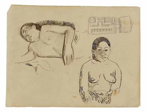 Two Tahitian Women and a Marquesan Earplug, 1891-93 (pen, brown ink and graphite on parchment)