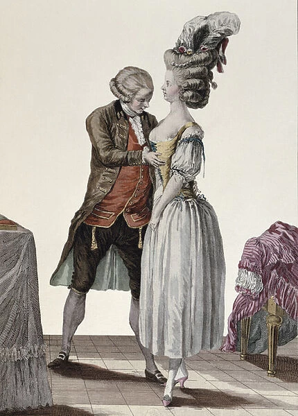 A tailor trying out a fashionable corset on a lady, plate from
