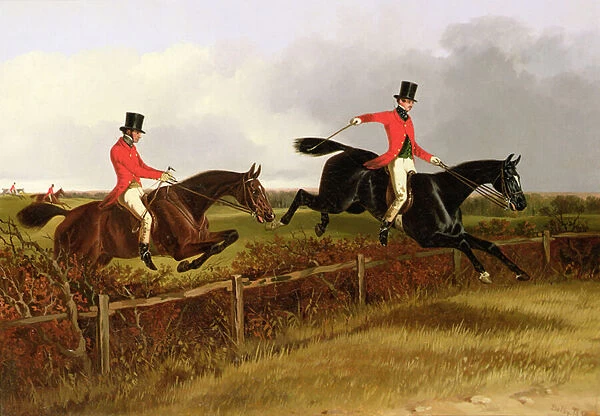 Taking a hedge and rail, 1850 (oil on canvas)