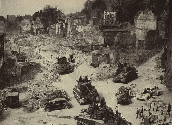 Tanks of the American Seventh Army on the ruined streets of Nuremberg after capturing the city from the Germans, World War II, April 1945 (b  /  w photo)