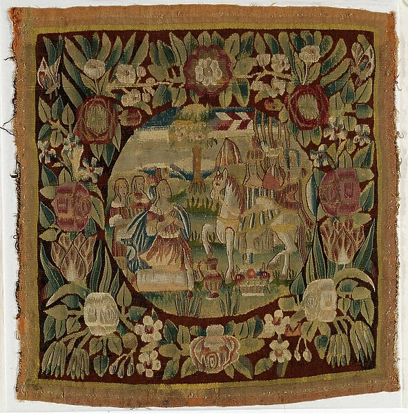 Tapestry cushion cover depicting David and Abigail, Samuel XXV, made possibly in Hamburg, Germany, c. 1615 (wool)