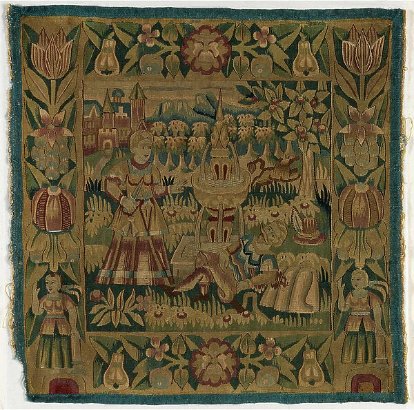 Tapestry cushion cover depicting Pyramus and Thisbe, made in Hamburg, Germany, c. 1615 (wool)