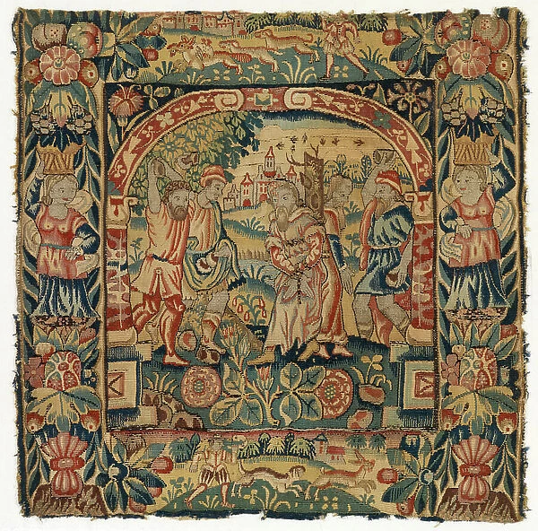 Tapestry cushion cover depicting The Stoning of the Elders, made in Sheldon, England, after 1600 (wool)