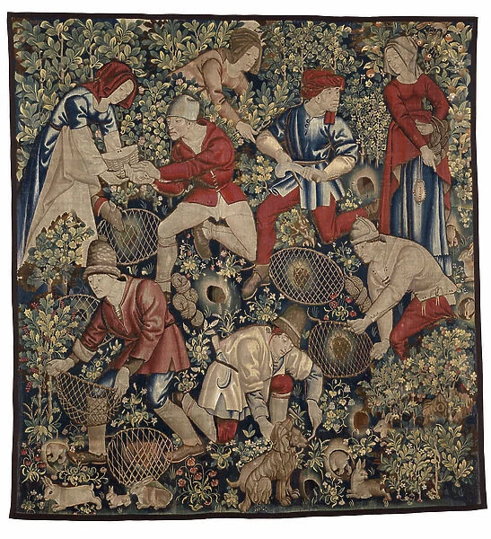 Tapestry depicting peasants hunting rabbits with ferrets, Tournai, c. 1450-75 (wool)