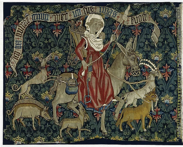 Tapestry depicting The Wandering Housewife or Woman Riding to Market, 1470-80 (wool and white linen thread)