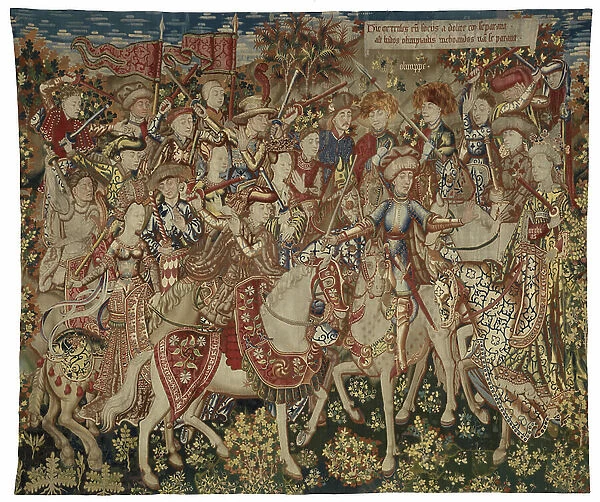 Tapestry featuring Hercules and his Companions on Mount Olympus, possibly made in Tournai, c. 1465-70 (wool and silk)