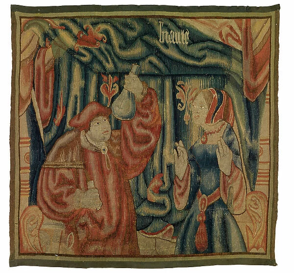 Tapestry fragment depicting an interior with physician and woman, Beaute, French or Flemish, made in early 16th century (wool)