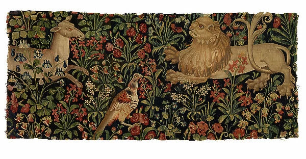 Tapestry fragment of mille fleurs depicting Doe, Lion and Pheasant (wool)