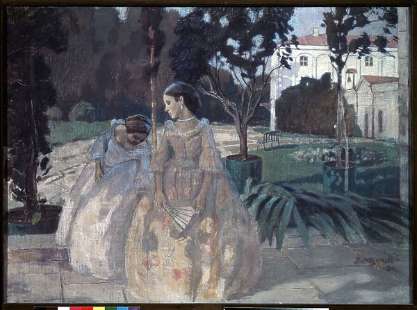 Tapisserie (Tapestry). Deux jeunes femmes elegantes se promenent dans le jardin d une riche propriete. Peinture de Viktor (Victor) Elpidiforovich Borisov Musatov (Borisov-Musatov)(1870-1905)
