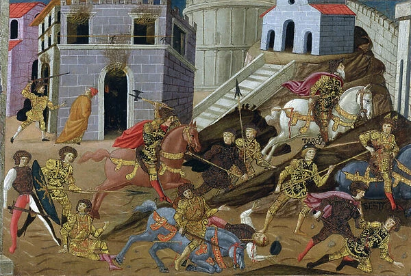 Tarquin le Superbe (mort en 495 avant JC) - The expulsion of Tarquin and his family from Rome - Master of Marradi (Maestro di Marradi) (active 1470-1513) - Late 15th cen. - Tempera on panel - 41x65, 5 - Private Collection