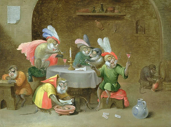 A Tavern Interior with Monkeys drinking and smoking (oil on copper)