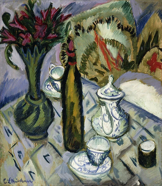 Teapot, Bottle and Red Flowers; Teekanne, Flasche und Rote Blumen, 1912 (oil on canvas)