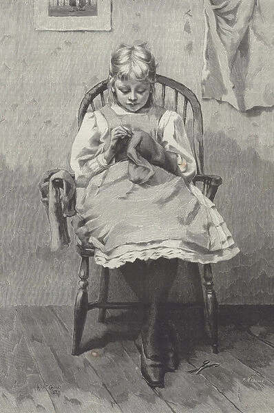 Teenage seamstress, engraving by Fortune Meaulle (1844-1901) (engraving)