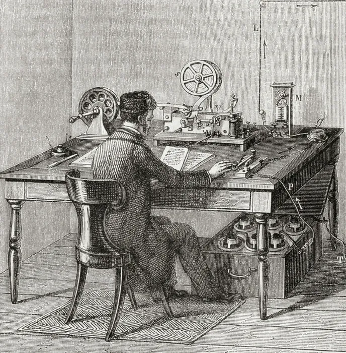 Framed Print : Telegraph office worker forwarding a message in Morse Code Framed Print : Telegraph office worker forwarding a message in Morse Code