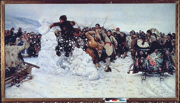Tempete de la forteresse de neige (Storm of Snow Fortress) (Scene populaire de rejouissance durant la semaine du careme orthodoxe, maslenitsa) - Peinture de Vasilli Ivanovich Sourikov (Vasily Surikov ou Vassili Surikow) (1848-1916), huile sur toile