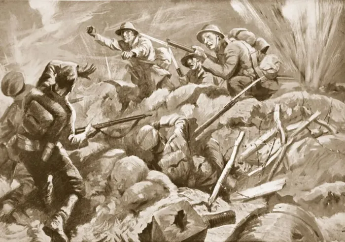 Framed Print : Temporary Second Lieutenant T. E. Adlam, though wounded, leads his men in a dashing attack, capturing the German position and killing the defenders (litho)