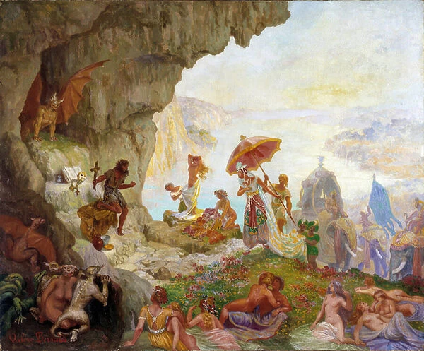 The Temptation of Saint Anthony the Great (or Saint Anthony the Hermit or Saint Anthony the Abbe) by the Queen of Sabah (or Saba) Painting by Francois Marius Valere Bernard (1860-1936) Dim. 60x73 cm