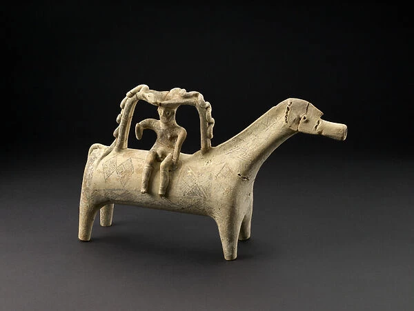 Terracotta horse rhyton with rider as part of handle on back, Late Cypriot IIIB Period, c
