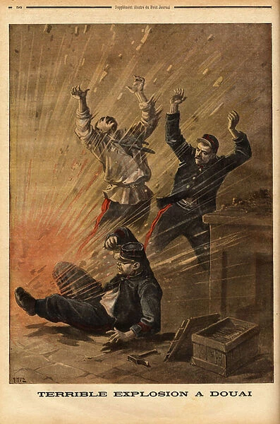 A terrible accident in an artillery shed in Douai, the clumsy of three artificial men exploded a powder reserve, whose detonation destroyed the windows of the buildings up to around 200 metres. Engraving in 'Le petit journal'12  /  2  /  1899
