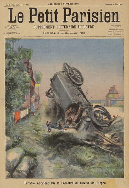 Terrible accident on Dieppe motor racing circuit (colour litho)