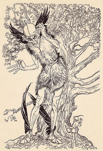A terrible fellow half as big as the tree by which he was standing. Illustration by Arthur Rackham from Grimm's Fairy Tale, The Spirit in the Glass Bottle