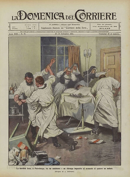 The terrible fight, in Petersburg, between an assistant and a mad surgeon at the time of operating a sick person (colour litho)