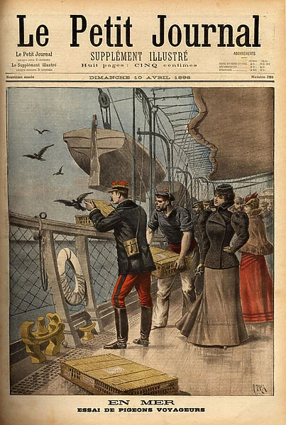 Test of passenger pigeons, loose from the transatlantic connecting Le Havre to New York. Engraving in 'Le petit journal'10  /  4  /  1898. Selva Collection